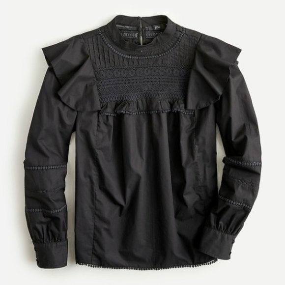 ❤️ J. CREW BLACK PEASANT BLOUSE TOP HIGH NECK CROCHET BALLOON SLEEVES BOHO SHIRT - Picture 1 of 12